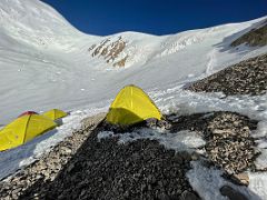 03C My tent with the route to the ridge above in the early morning from Ak-Sai Travel Lenin Peak Camp 2 5400m